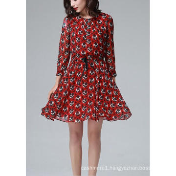 Summer Red Round Flower Print Long Sleeve Women′s Dress